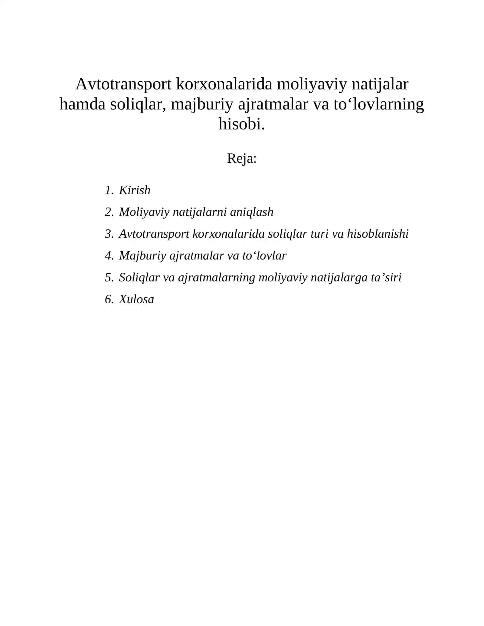 Avtotransport korxonalarida moliyaviy natijalar hamda soliqlar, majburiy ajratmalar va to‘lovlarning hisobi 2