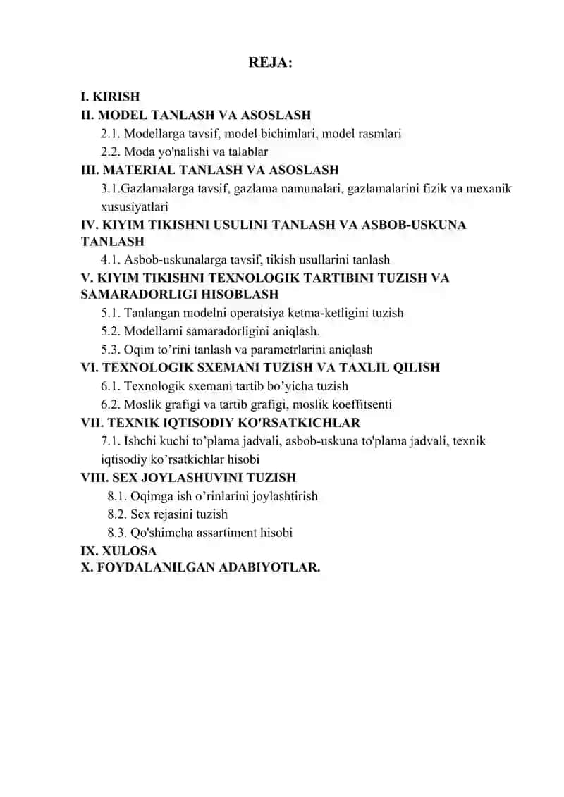 ERKAKLAR KO’YLAGINI ISHLAB CHIQARISH TEXNOLOGIK JARAYONINI LOYIHALASH 2