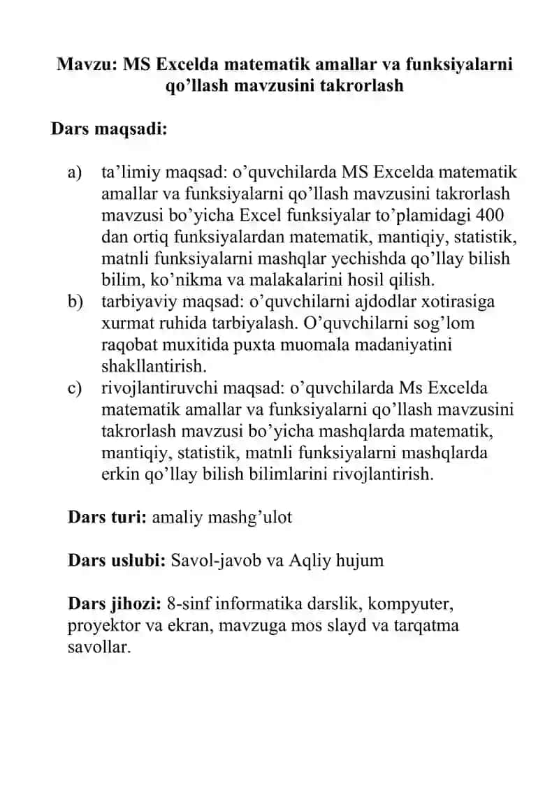 MS Excelda matematik amallar va funksiyalarni qo’llash mavzusini takrorlash 2