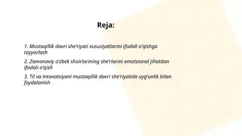 Mustaqillik davri oʻzbek she'riyati namunalarini ifodali oʻqish 2