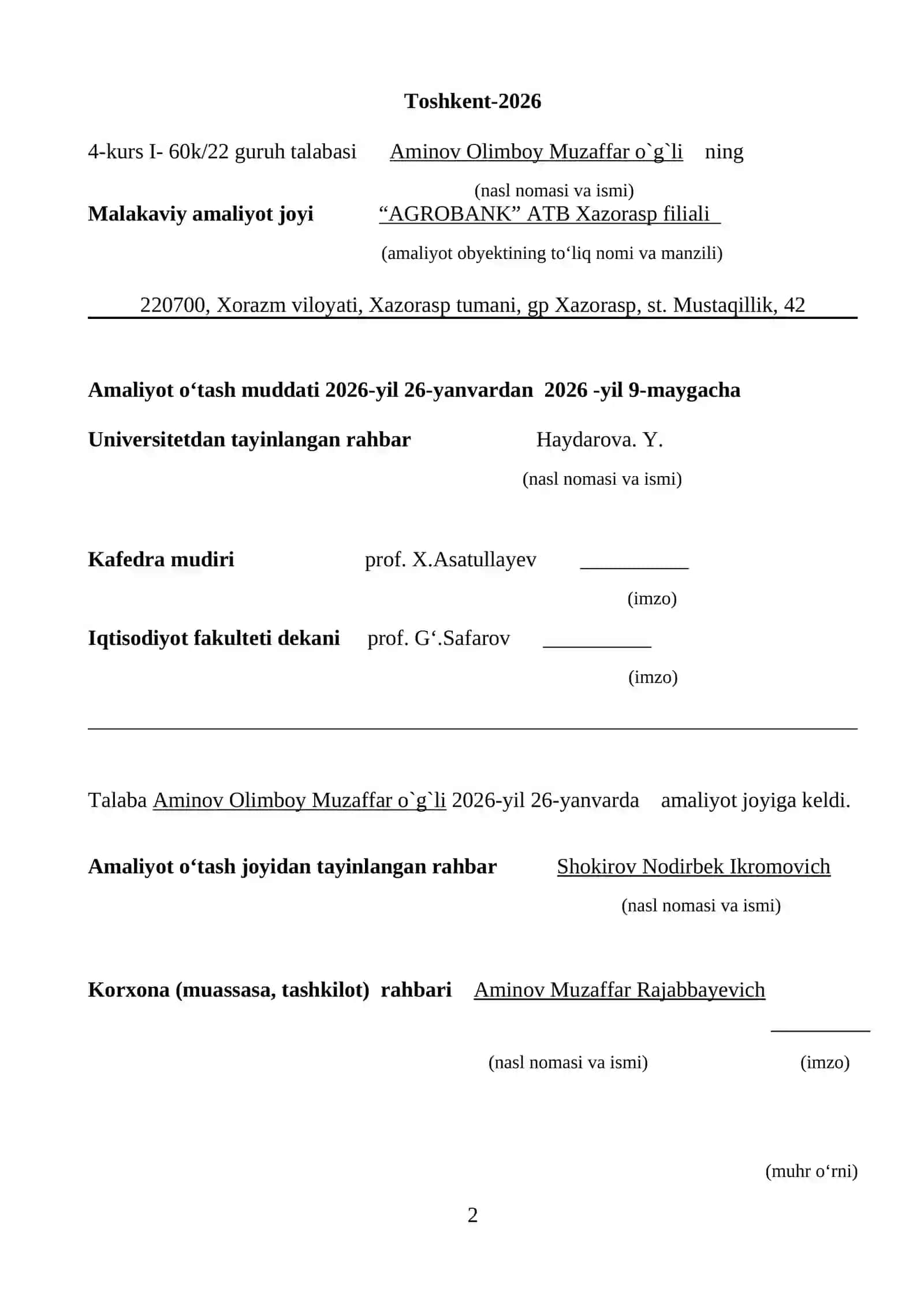 AGRO BANK ATB MALAKAVIY AMALIYOT HISOBOT 2