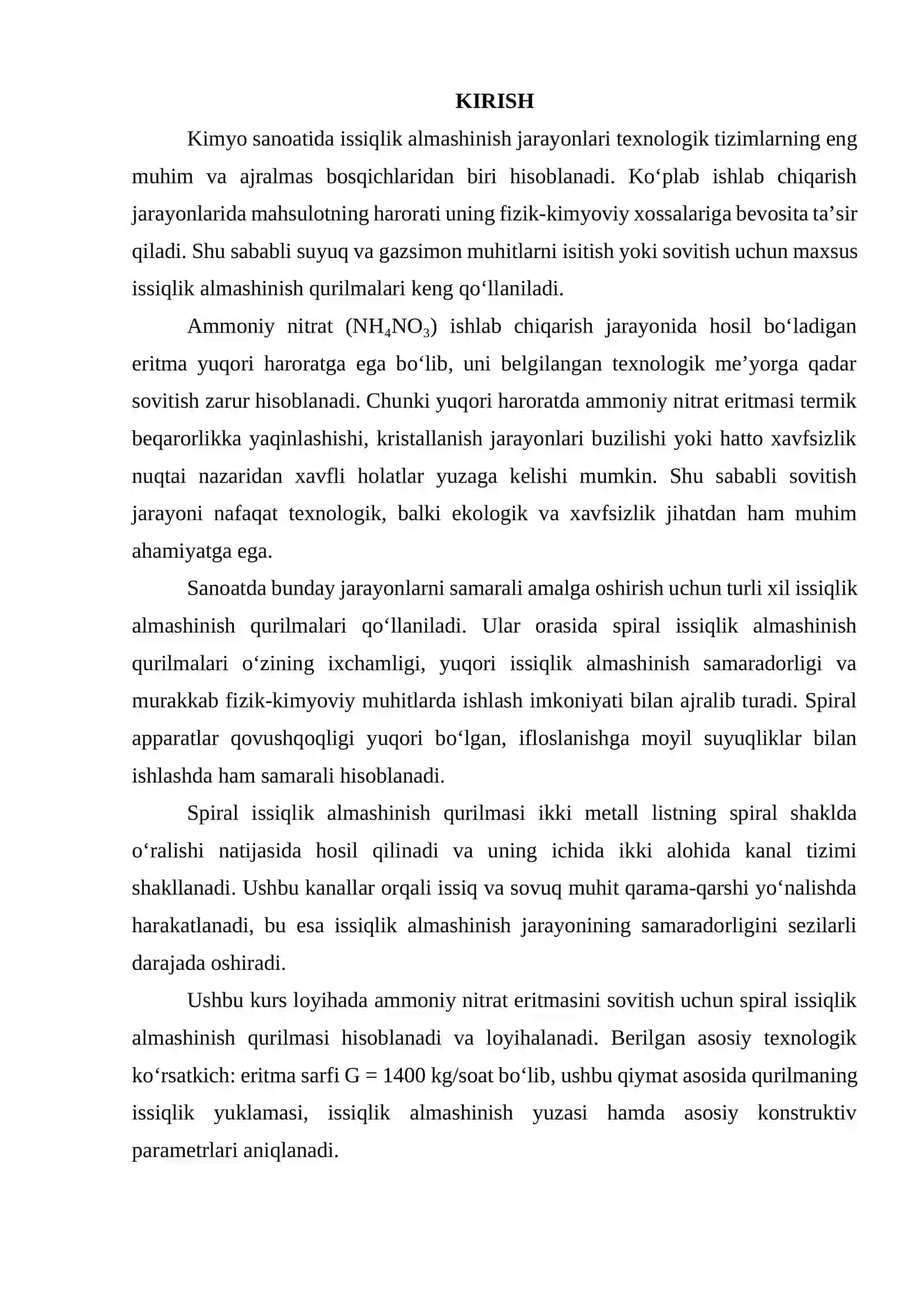 Ammoniy nitrat eritmasini sovitish uchun spiral issiqlik almashinish qurilmasi. G = 1400 kg/soat 2