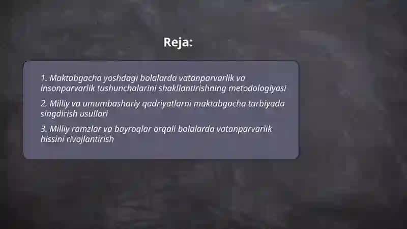Maktabgacha yoshdagi bolalarning maʼnaviy axloqiy tarbiyasida vatanparvarlik, insonparvarlik his-tuygʻularini shakllantirish 2