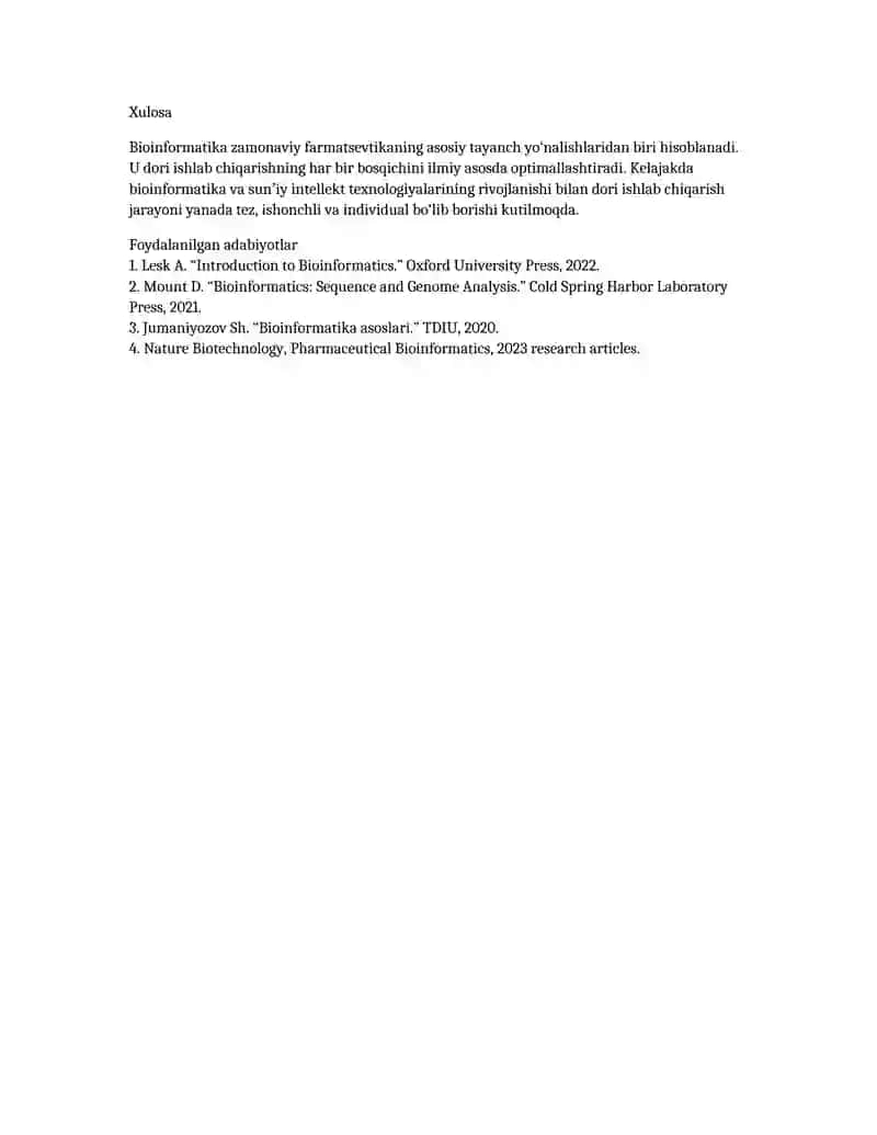 Dori ishlab chiqarishda Bioinformatikaning o‘rni 2