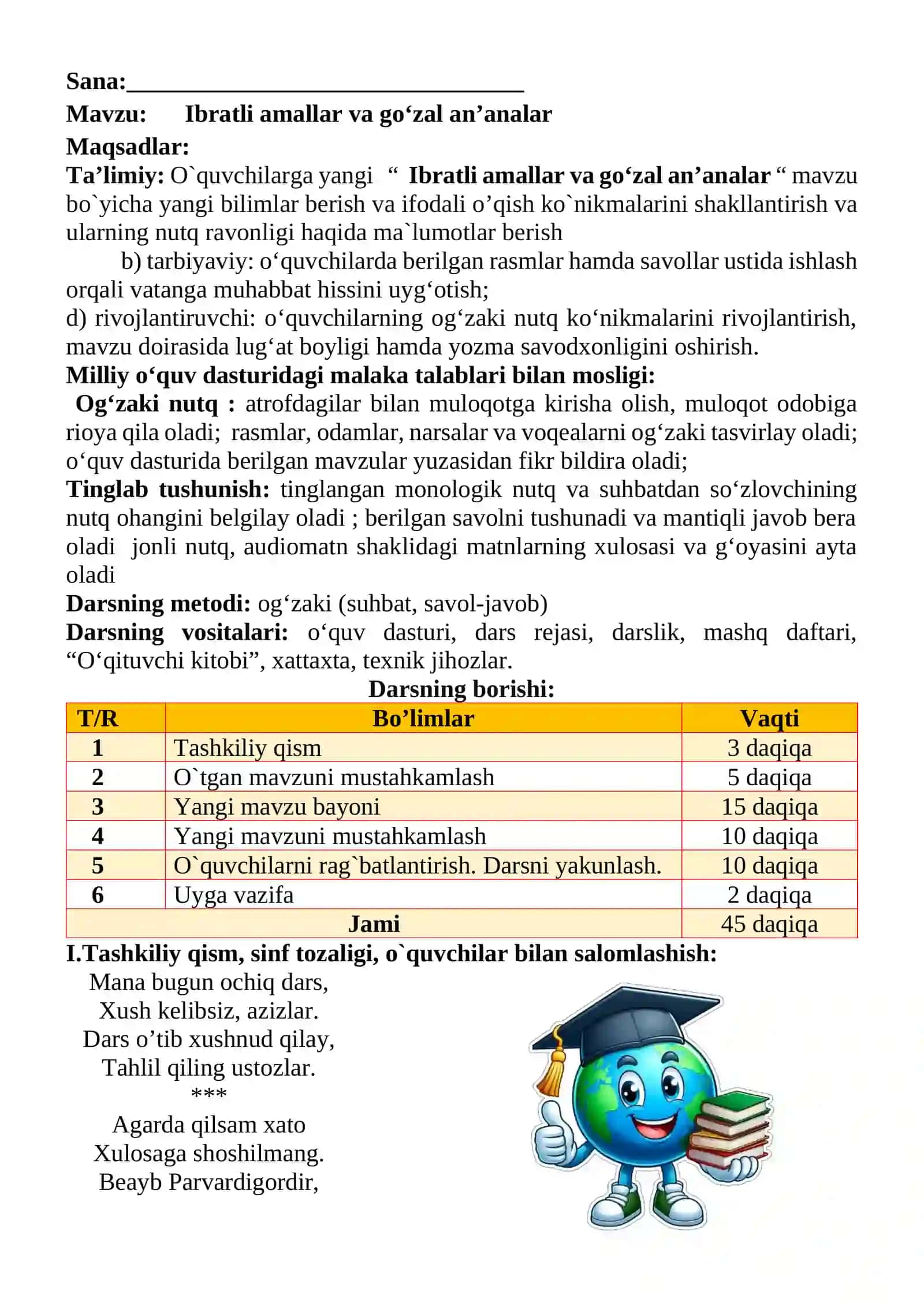 Ibratli amallar va go‘zal an’analar mavzusida 2-sinf O'qish fanidan dars ishlanmasi 2