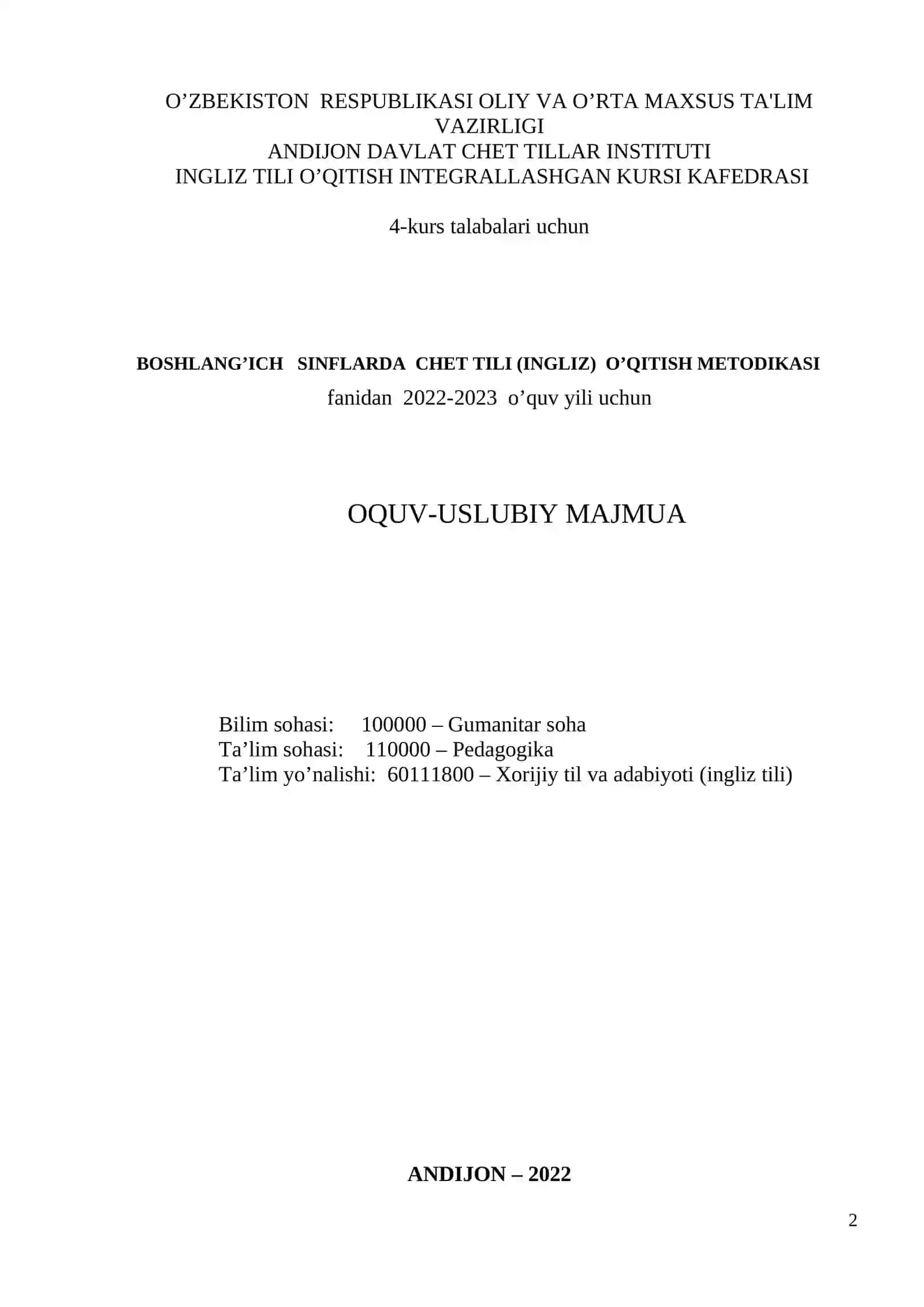 BOSHLANG’ICH SINFLARDA CHET TILI (INGLIZ) O’QITISH METODIKASI 2