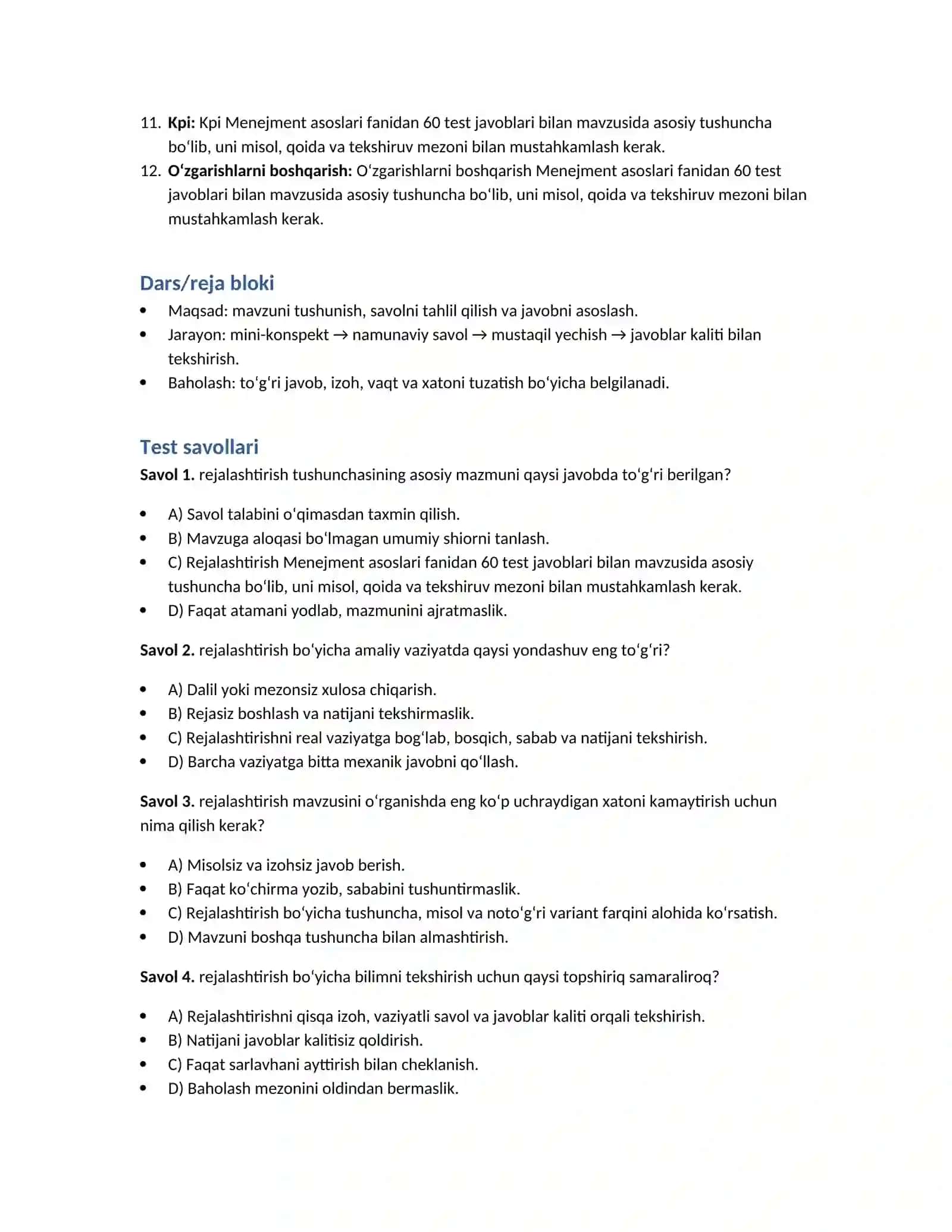 Menejment asoslari fanidan 60 test javoblari bilan 2