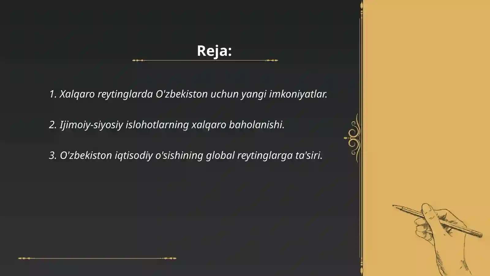 Yangi O'zbekistoj ijtimoiy-siyosiy, iqtisodiy va ma'naviy hayotida ro'y berayotgan o'zgarishlarning xalqaro reyting va indekslarda aks etishi 2