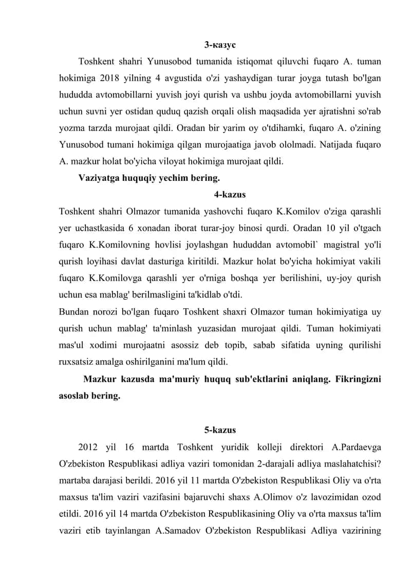 Huquqiy yechim berishda O‘zbekiston Respublikasi qonunchilik muntazam topshirilgan turli vaziyatlari misollar bilan 2