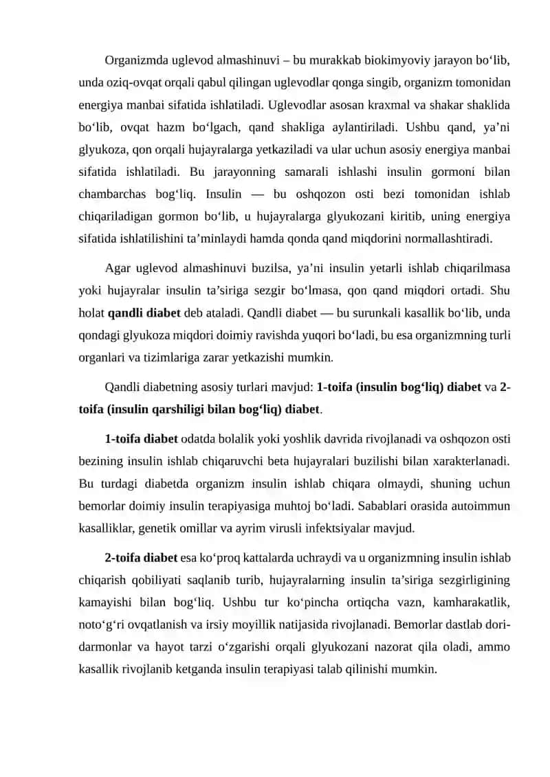 Organizmda uglevod almashinuvi buzilishi. Qandli diabet kasalligi 2