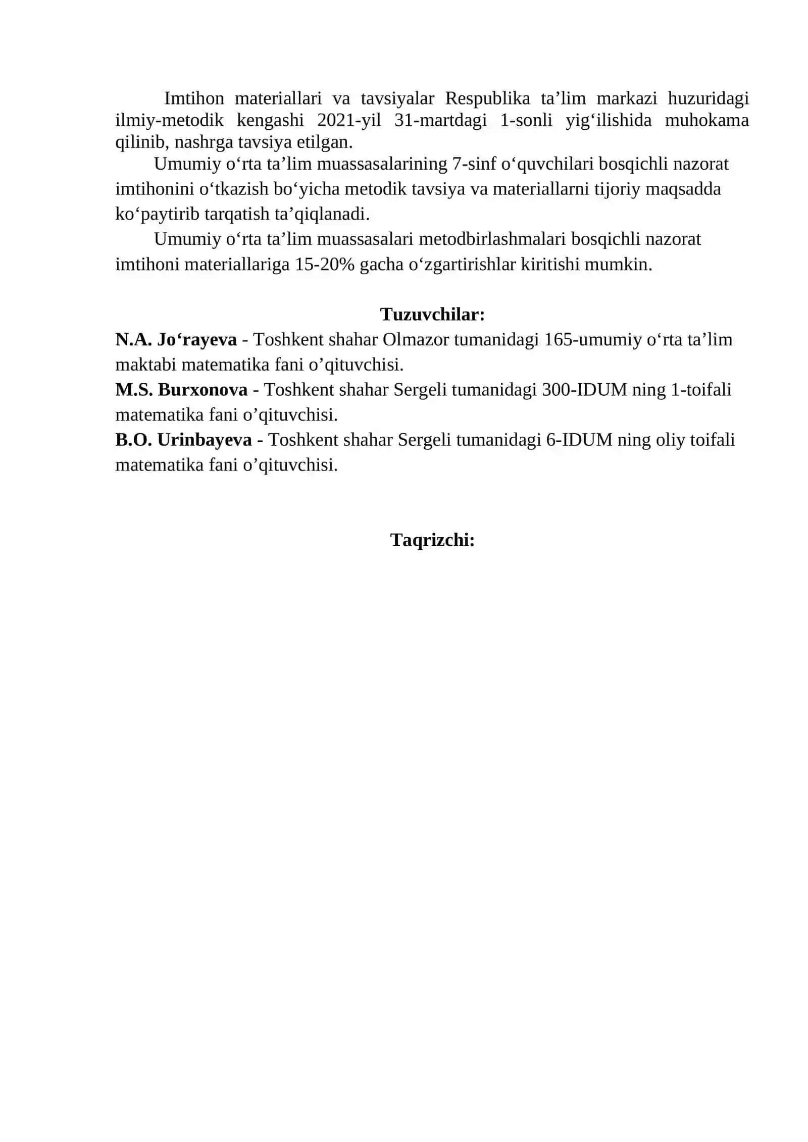 BOSQICHLI NAZORAT IMTIHONINI O‘TKAZISH BO‘YICHA MATEMATIKA FАNIDАN METODIK TAVSIYA VA MАTЕRIАLLАR 2