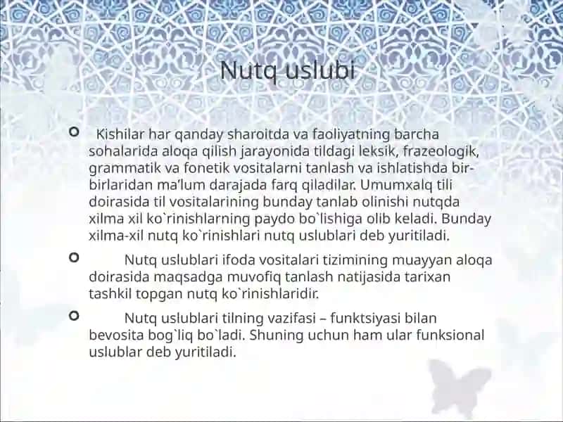 O'zbek adabiy tili me'yorlari Nutqning uslubiy shakllari 2