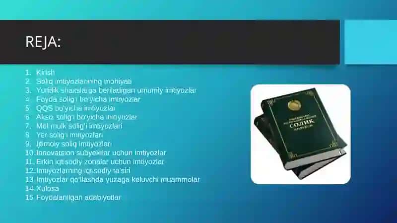 YURIDIK SHAXSLARNI SOLIQQA TORTISHDA IMTIYOZLARDAN FOYDALANISH 2