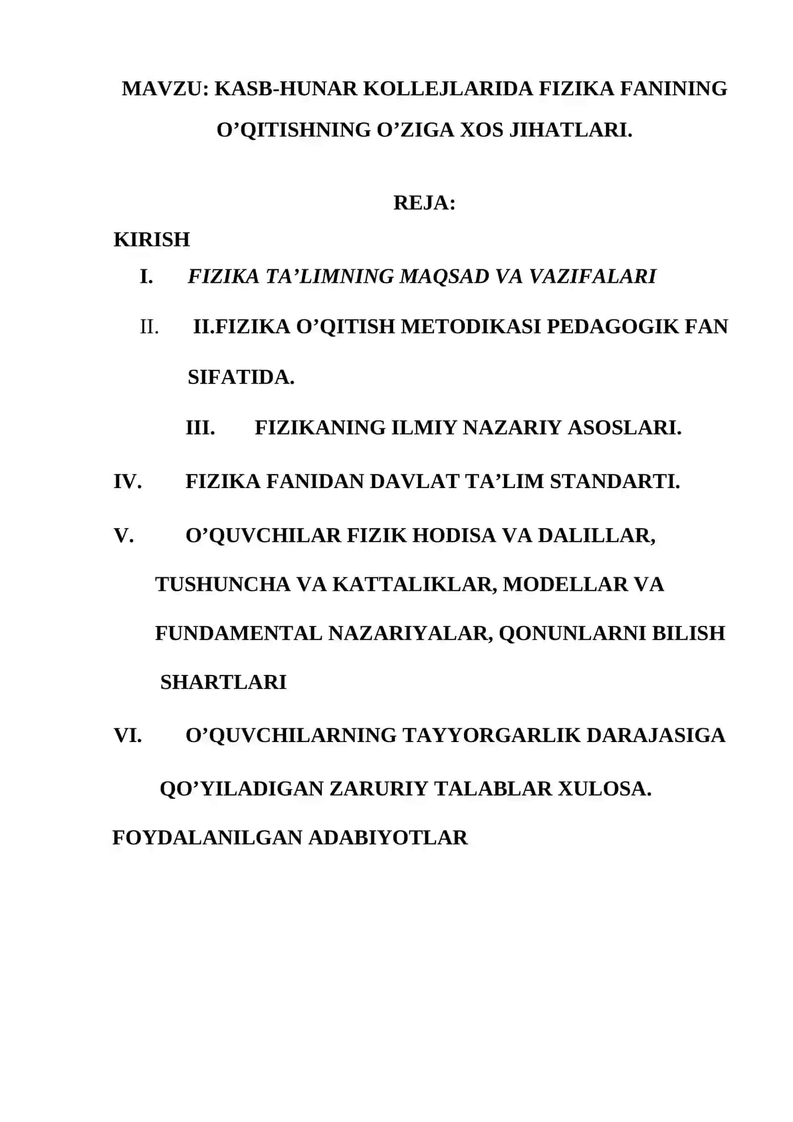 Kasb-hunar kollejlarida fizika fanining o’qitishning o’ziga xos jihatlari mavzusida kurs ishi 2