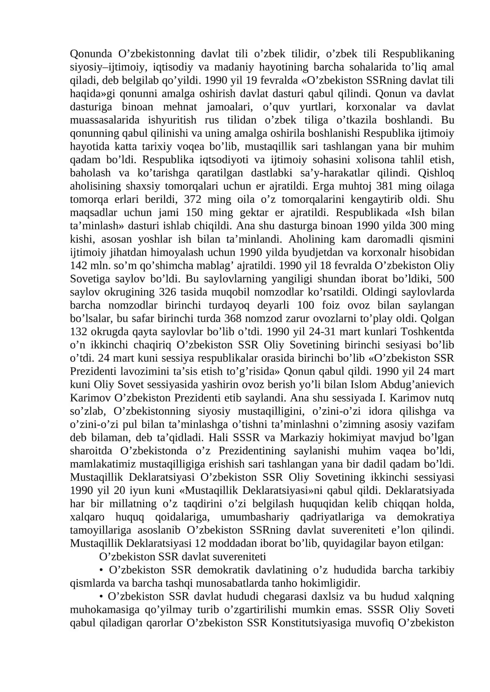 Mustaqil O`zbekiston Respublikasining tashkil topishi va o`ning tarixiy ahamiyati. 2