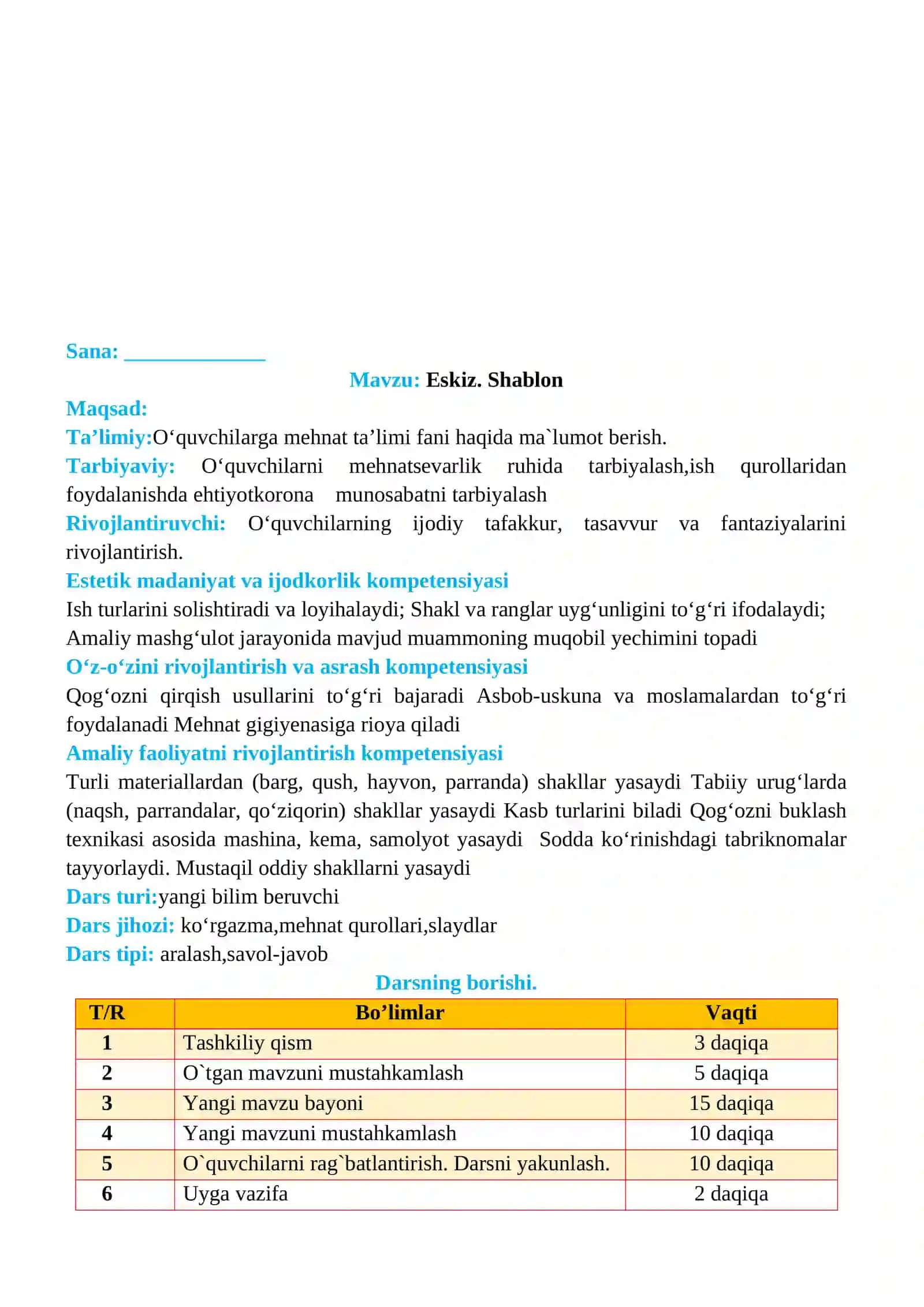 3-sinf Texnologiya fanidan Eskiz. Shablon mavzusida dars ishlanma 2