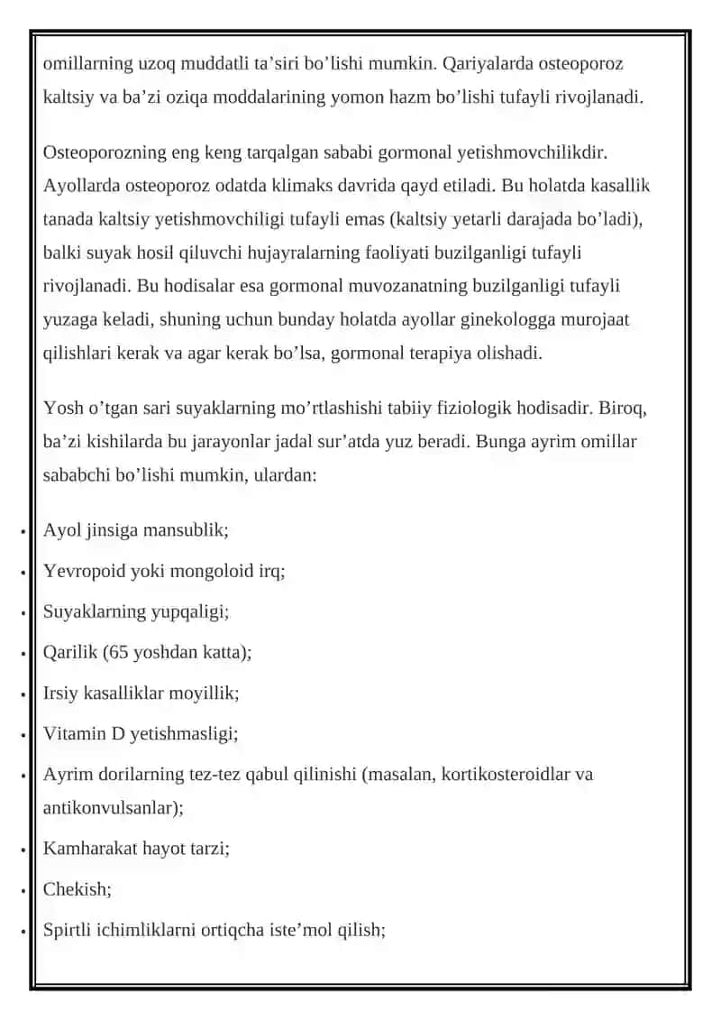 Osteoporoz: Rivojlanish Sabablari va Omillari 2