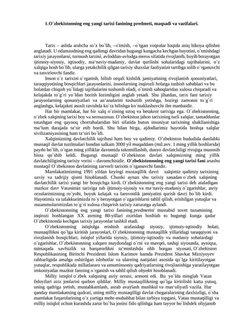 O`zbekistonning eng yangi tarixi fanining predmeti, maqsadi va vazifalari 2