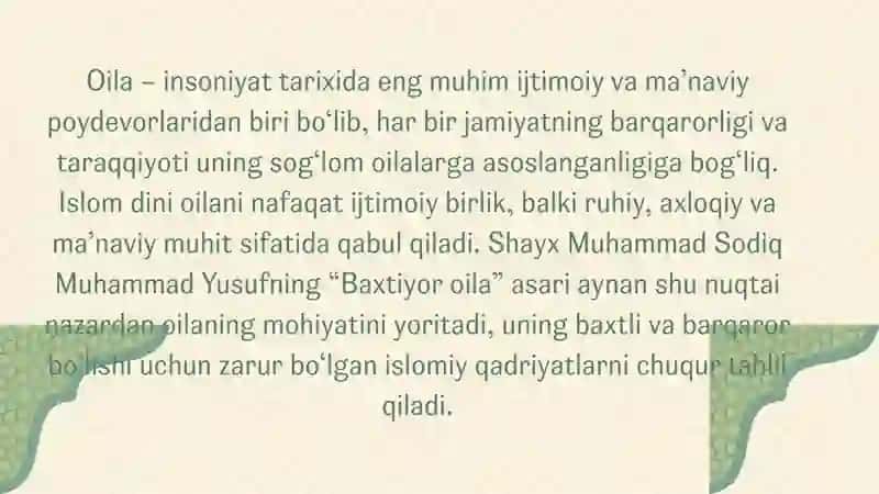 Shayx Muhammad Sodiq Muhammad Yusuf asari "Baxtiyor oila" asari 2