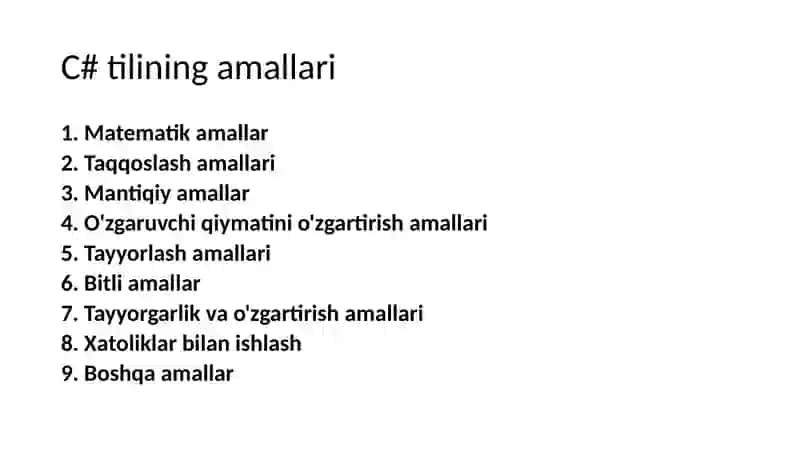 C# tilining amallari. Concoleda kiritish –chiqarish. Arifmetik va mantiqiy amallar, ifodalar. Operator turlari unar va binar. Inkrement va decrement amallari. Taqqoslash amalari va mantiqiy amallar. Ifodalardagi amallar. Ifodalarning qurilishi. Kiritish-chiqarish funktsiyalari va qoidalari. Chiziqli dasturlarga doir misollar 2