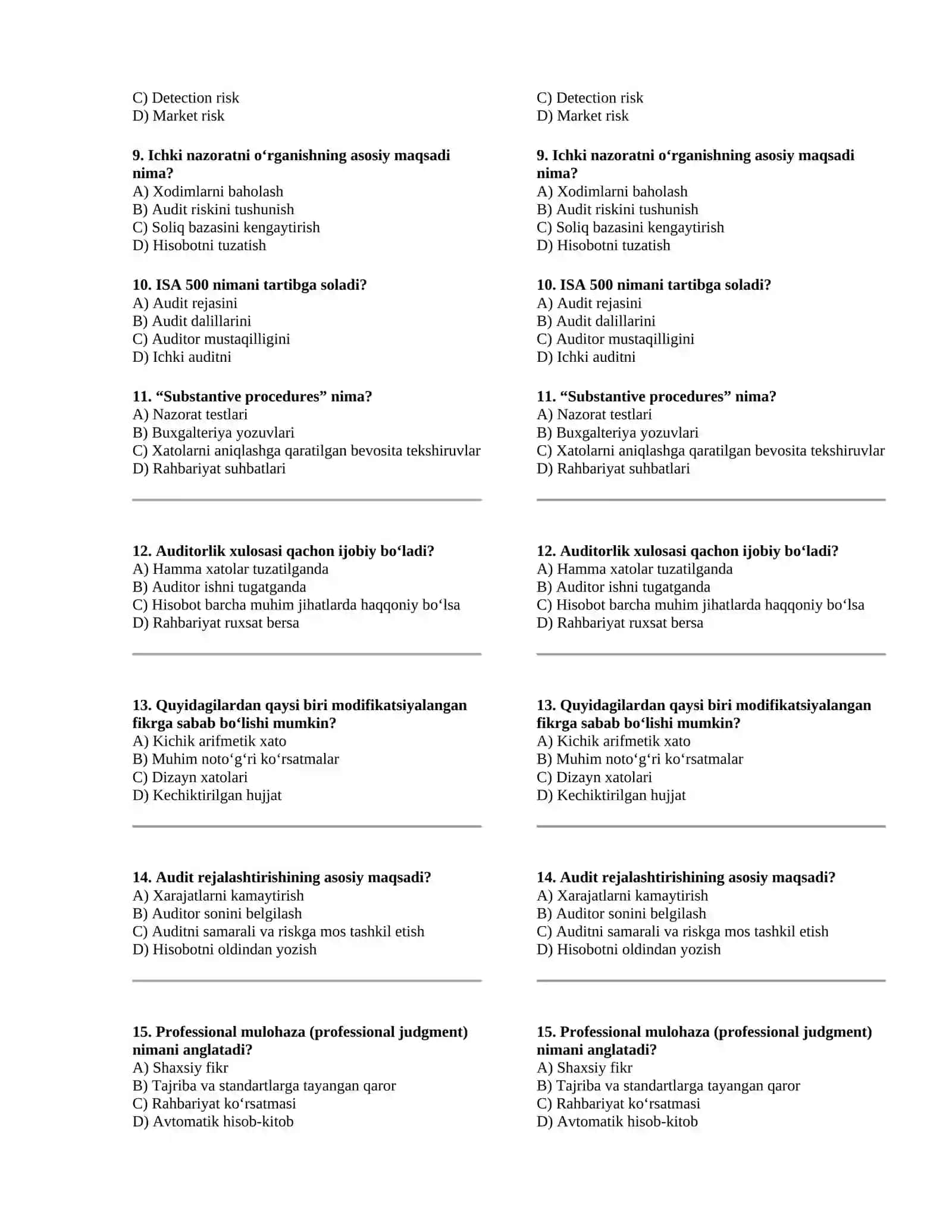Auditning xalqaro standartlari bo'yicha tayyor test (o'zbek tilida) 2