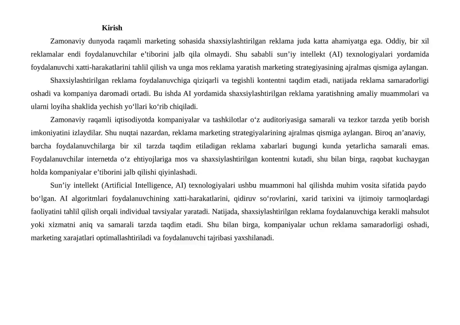 AIYORDAMI DASHAXSIYLASHTIRILGAN REKLAMA YARATISH, AMALIYOTDAGI MUAMMONI YIQ'LASH VALOYI HASHAKLIDA YECHIM TAYYORLASH 2