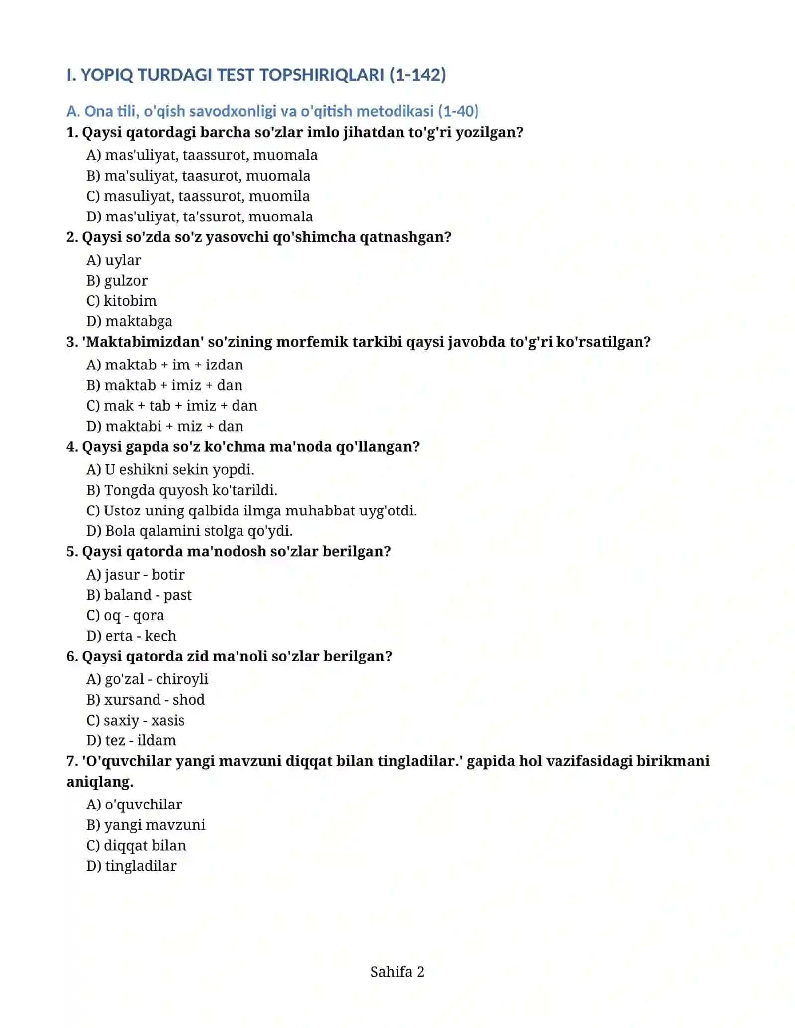 Mavzu: BOSHLANG'ICH TA'LIM MILLIY SERTIFIKATI 2