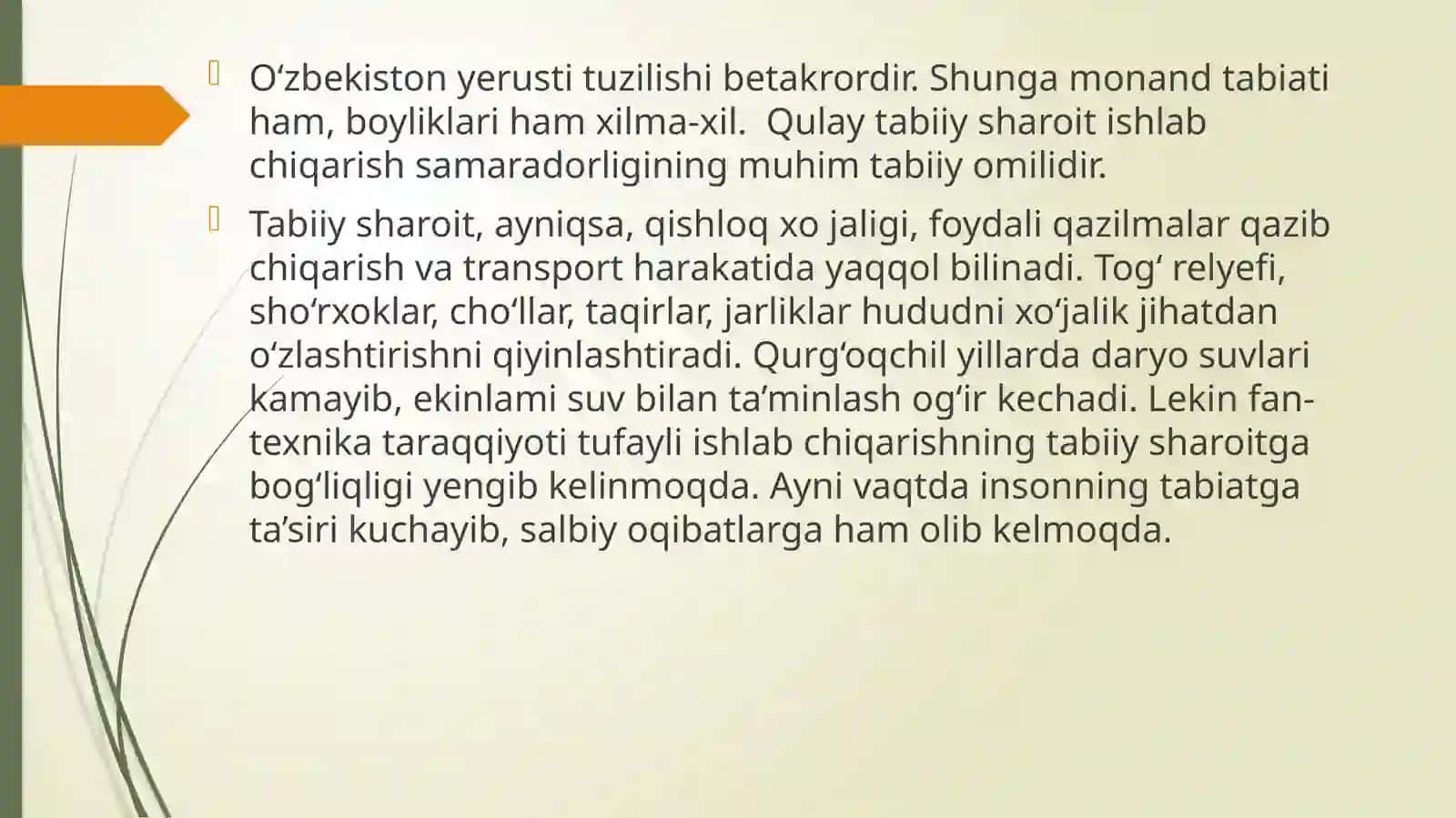 O'zbekistonning tabiiy sharoiti va resurslari, hamda ularning xalq xo'jaligidagi ahamiyati 2