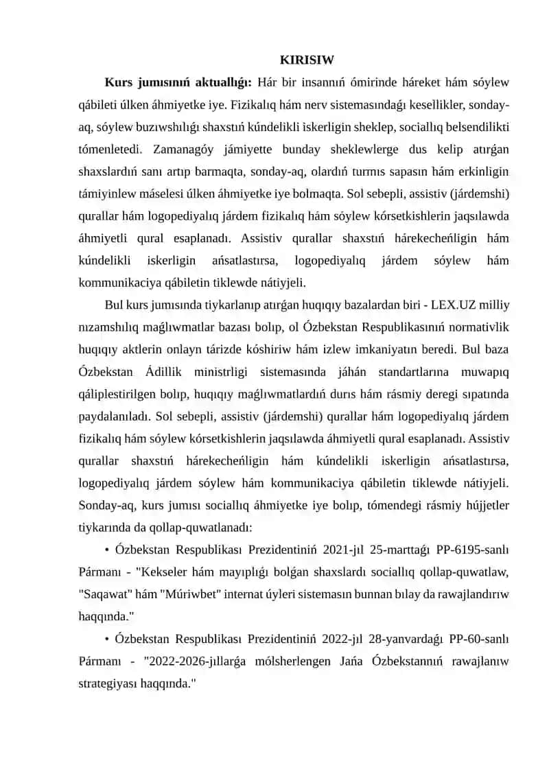 TAYANÍSH-QOZǴALÍS SISTEMASÍ FIZIKALÍQ KESELLIKLERI HÁM SÓYLEW BUZÍWSHÍLÍǴÍ BOLǴAN SHAXSLAR USHÍN ASSISTIV (JÁRDEMSHI) QURALLAR HÁM LOGOPEDIYALÍQ JÁRDEM 2