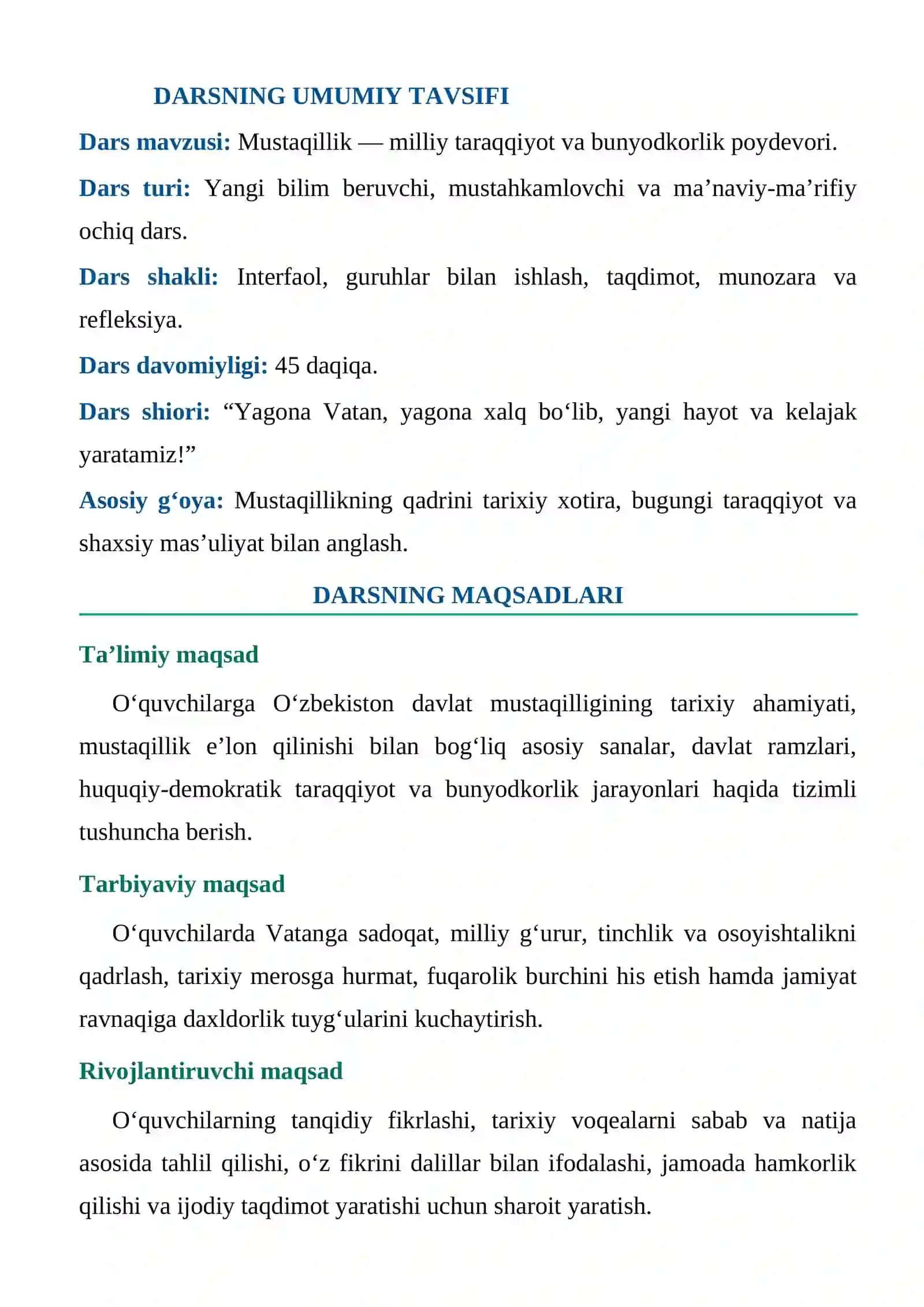 DARS ISHLANMA "MUSTAQILLIGIMIZNING 35 YILLIGI" 2