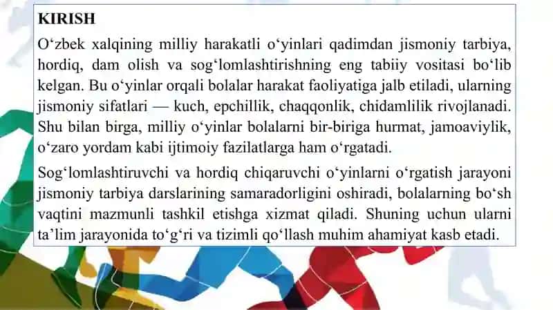 Sog’lomlashtiruvchi hamda hordiq chiqaruvchi milliy harakatli o’yinlarni o’rgatish 2