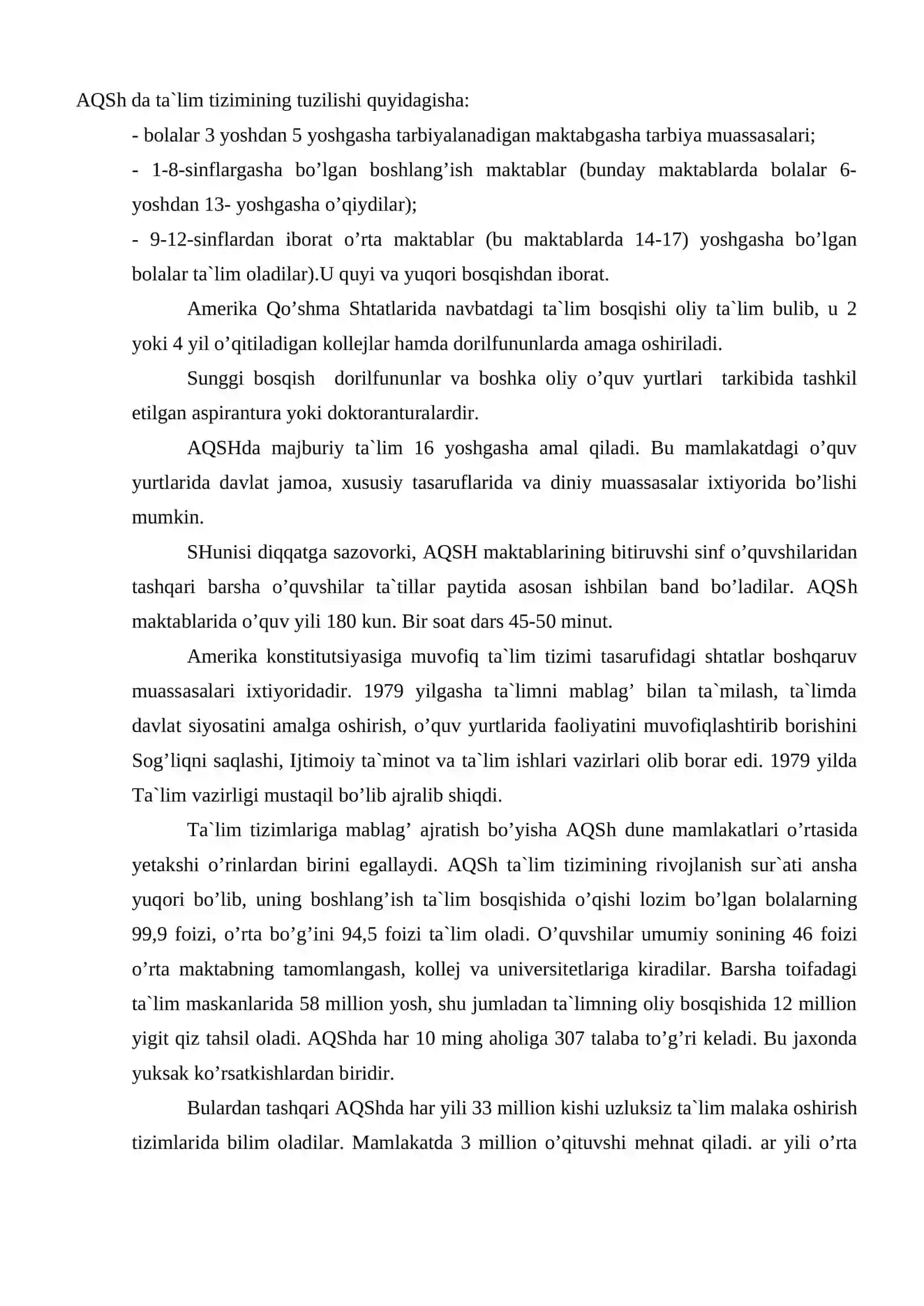 Amerika Qo’shma Shtatlarida ta`lim tizimining tuzilishi va o’ziga xos tomonlari 2