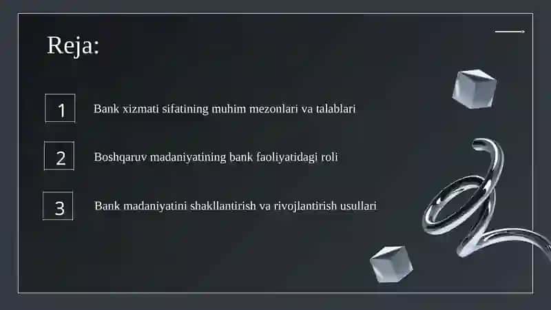 Bank xizmatchisi va bank boshqaruv madaniyati mezonlar nomli 11 betdan iborat taqdimot 2