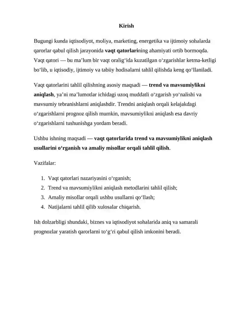 VAQT QATOR MODELLARI: TREND VA MAVSUMIYLIKNI ANIQLASH 2