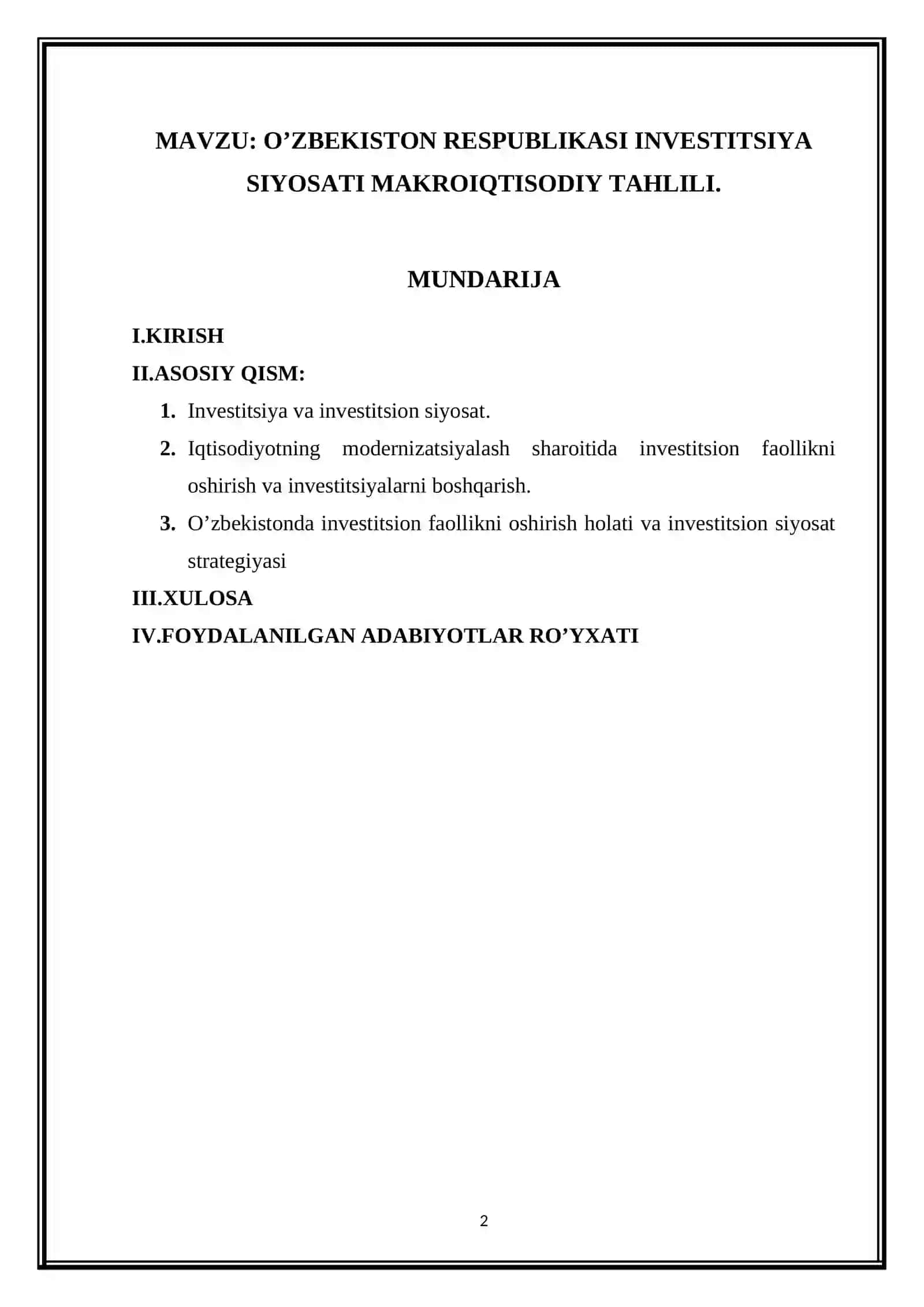 O’ZBEKISTON RESPUBLIKASI INVESTITSIYA SIYOSATI MAKROIQTISODIY TAHLILI 2