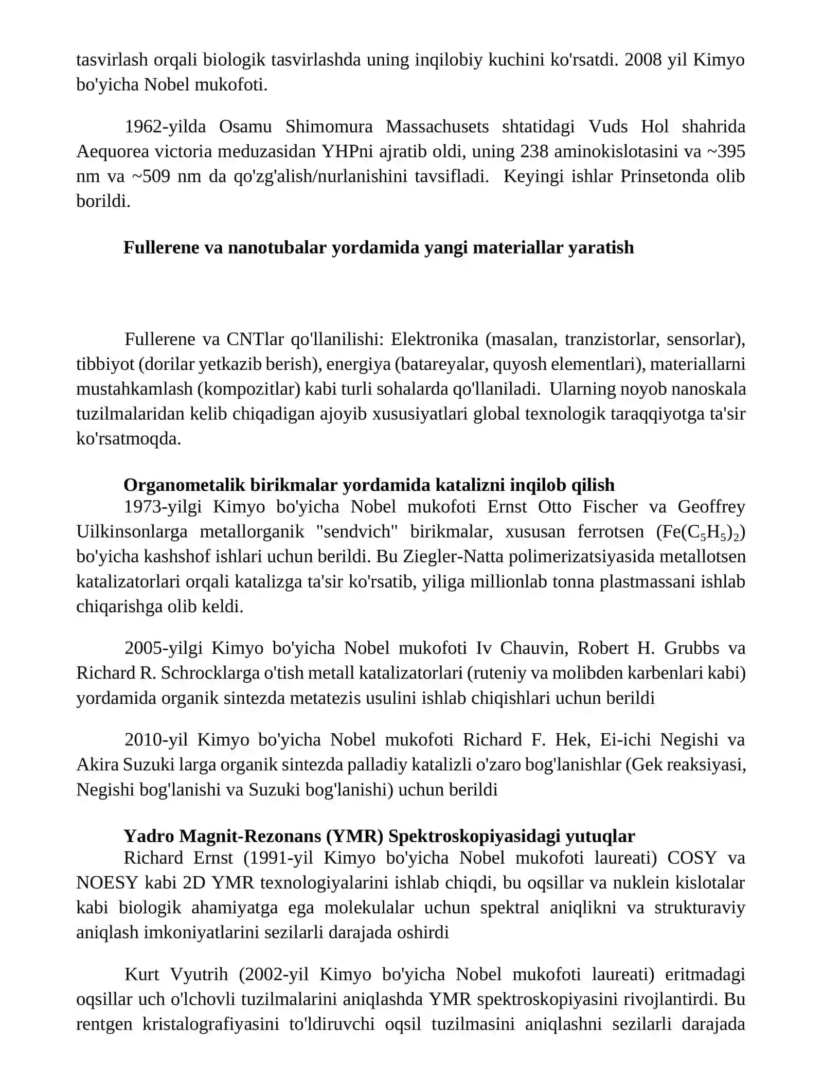 Kimyo sohasidagi Nobel mukofoti sovrindorlari va yutuqlari 2