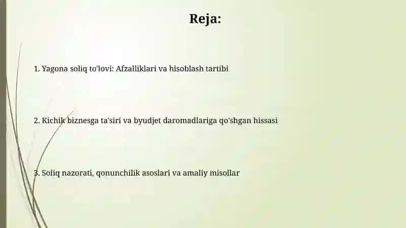 SODDALASHTIRILGAN SOLIQ TIZIMI. YAGONA SOLIQ TO'LOVI 2