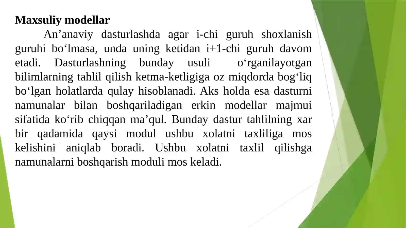 Bilimlarni taqdim etish modellari (maxsuliymodel) Bolisman moshinasi 2