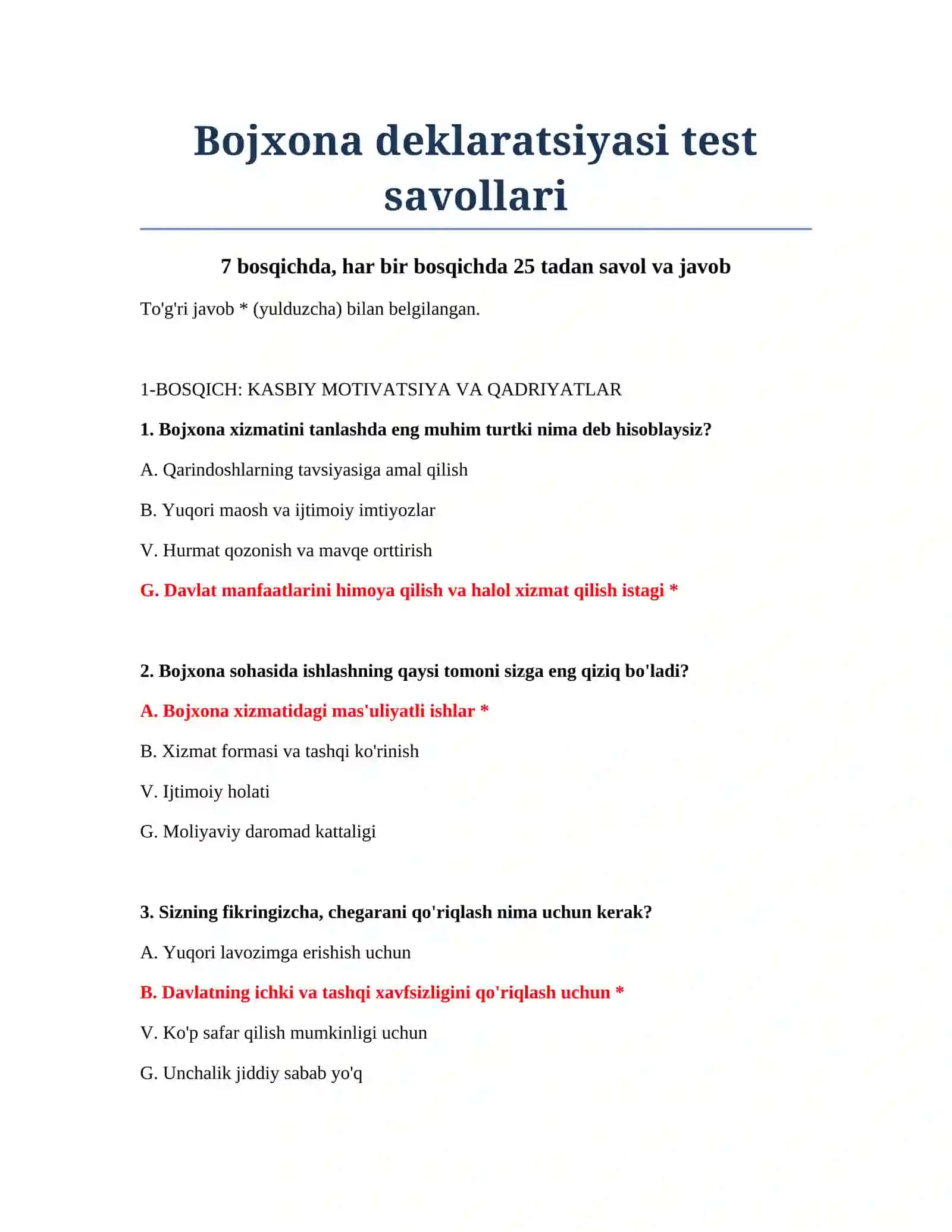 Bojxona deklaratsiyasi test savollari 2