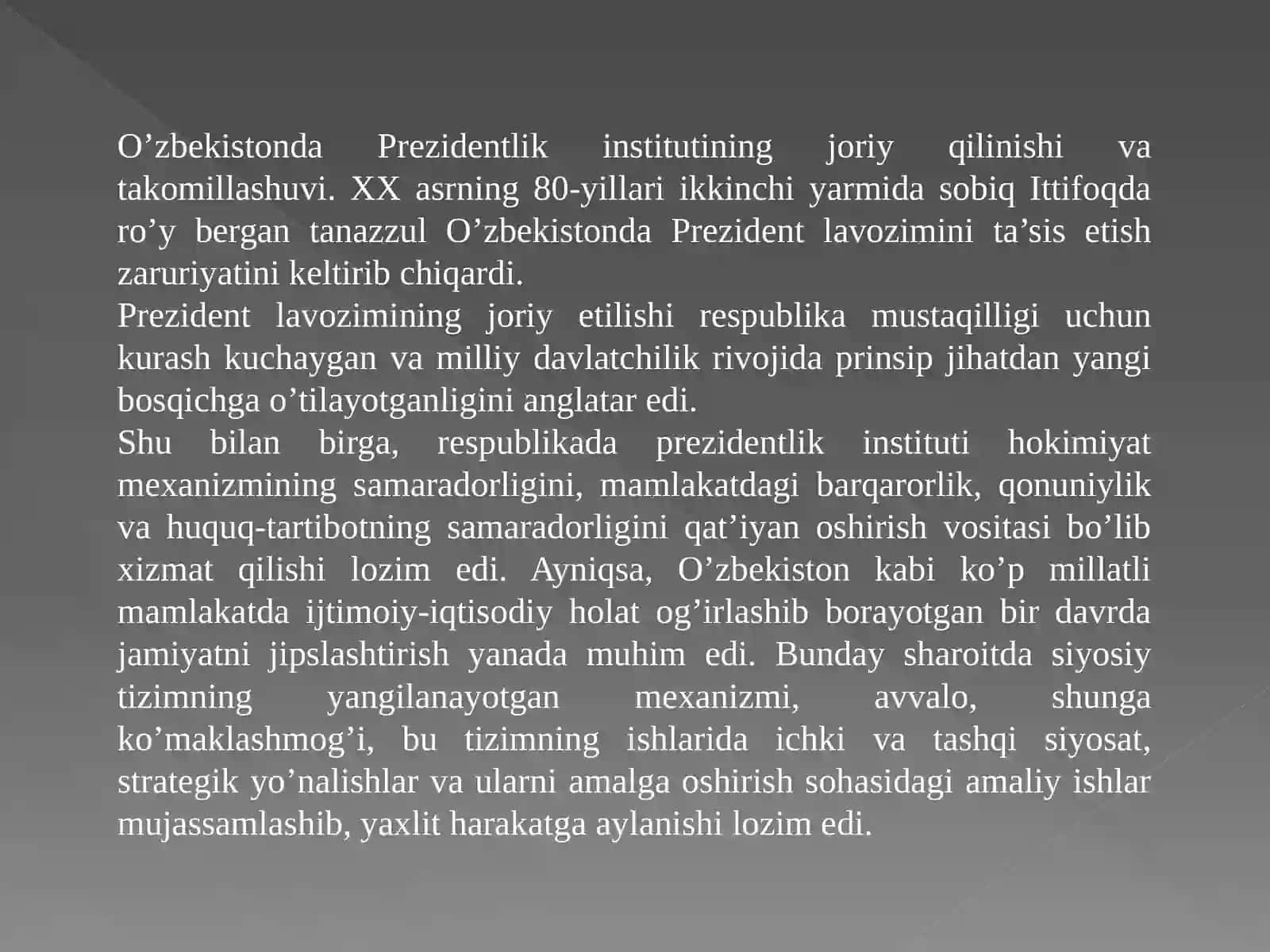 О‘ZBEKISTONDA DEMOKRATIK VA FUQAROLIK JAMIYATI ASOSLARINING SHAKLLANISHI, AMALGA OSHIRILGAN SIYOSIY ISLOHOTLAR. 2