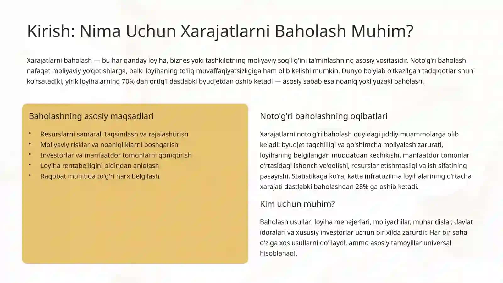 Xarajatlarni Baholashning Asosiy Usullari 2