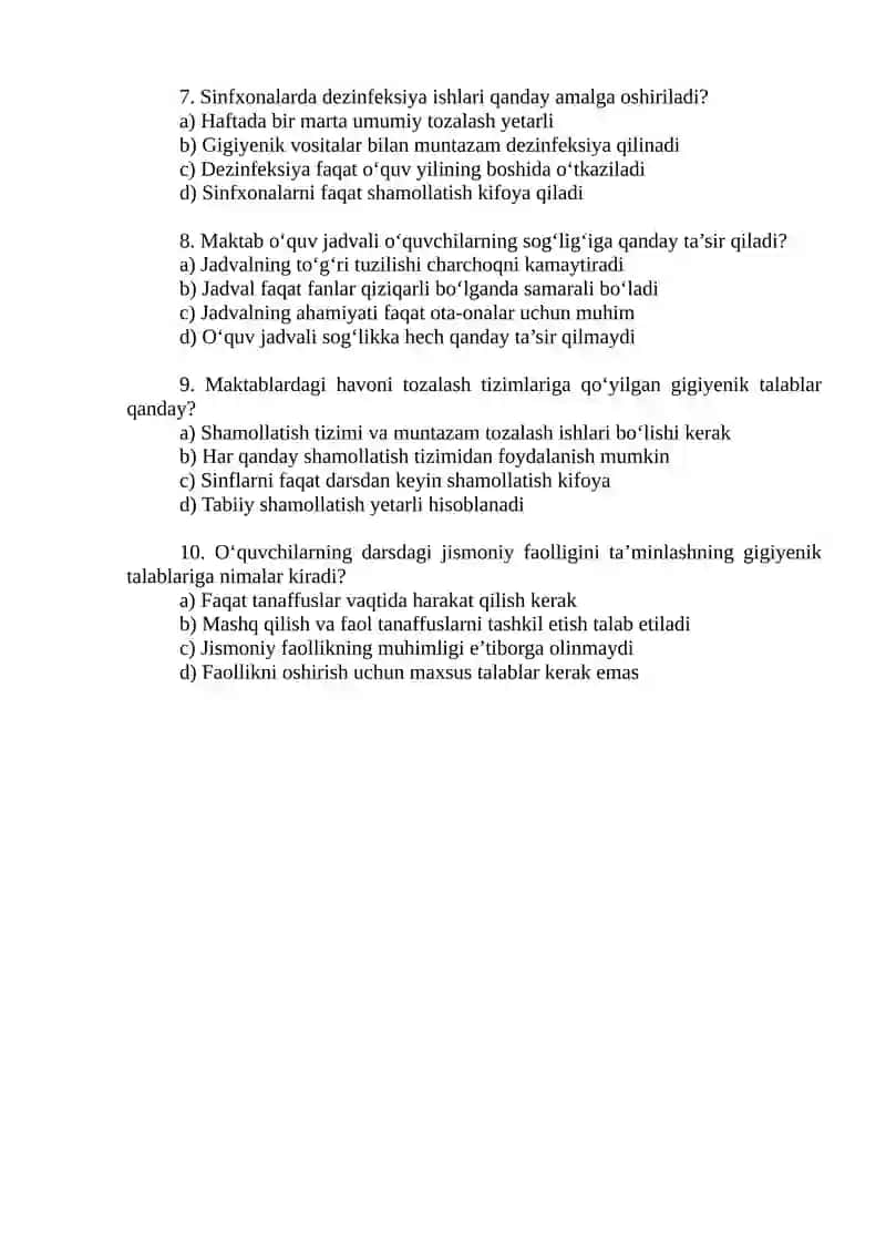 Umumta’lim maktablariga bo‘lgan umumiy gigiyenik talablar bo‘yicha savollar 2