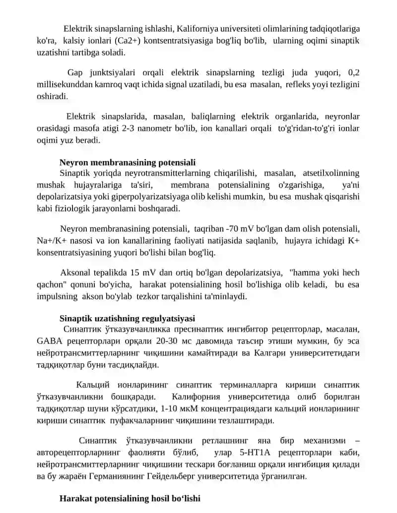 Neyron va nerv tolalari fiziologiyasi. Sinapslar fiziologiyasi 2