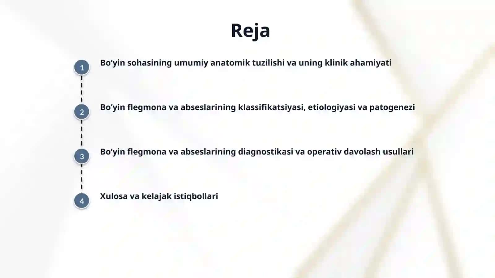 Boʻyin sohasining topografik anatomiyasi va operativ xirurgiyasi. Boʻyin sohasining flegmona va abseslari: joylashishi va operativ oʻchir hamda drenajlash usullari 2
