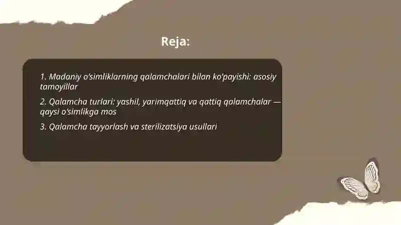 Madaniy osimliklarnining qalamchalari va yovvoyi oʻsimliklarning ildiz bachki va ildiz poyalar yordamida kopayuvchi oʻsimliklar royhati 2