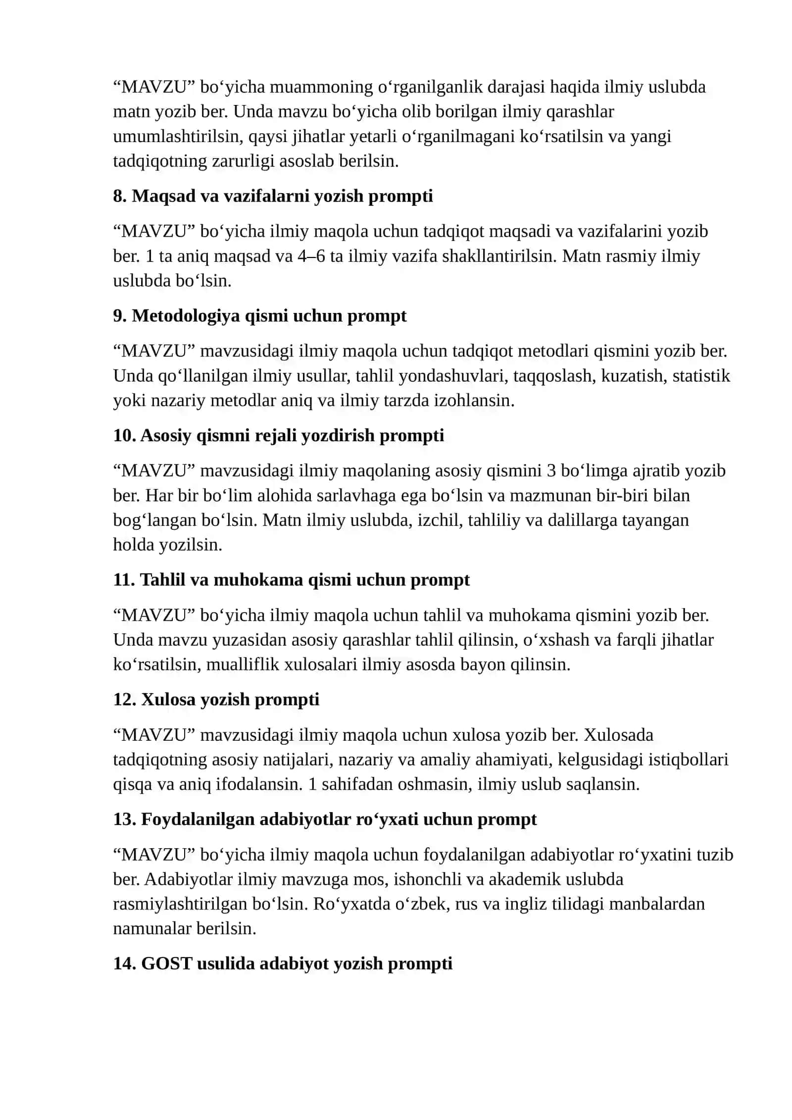 Mavzu bo‘yicha umumiy ilmiy maqola yozdirish prompti 2