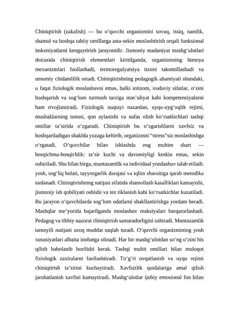 JISMONIY MADANIYAT MASHG‘ULOTLARI JARAYONIDA O‘QUVCHILARNI CHINIQTIRISHNING FIZIOLOGIK ASOSLARIZ 2