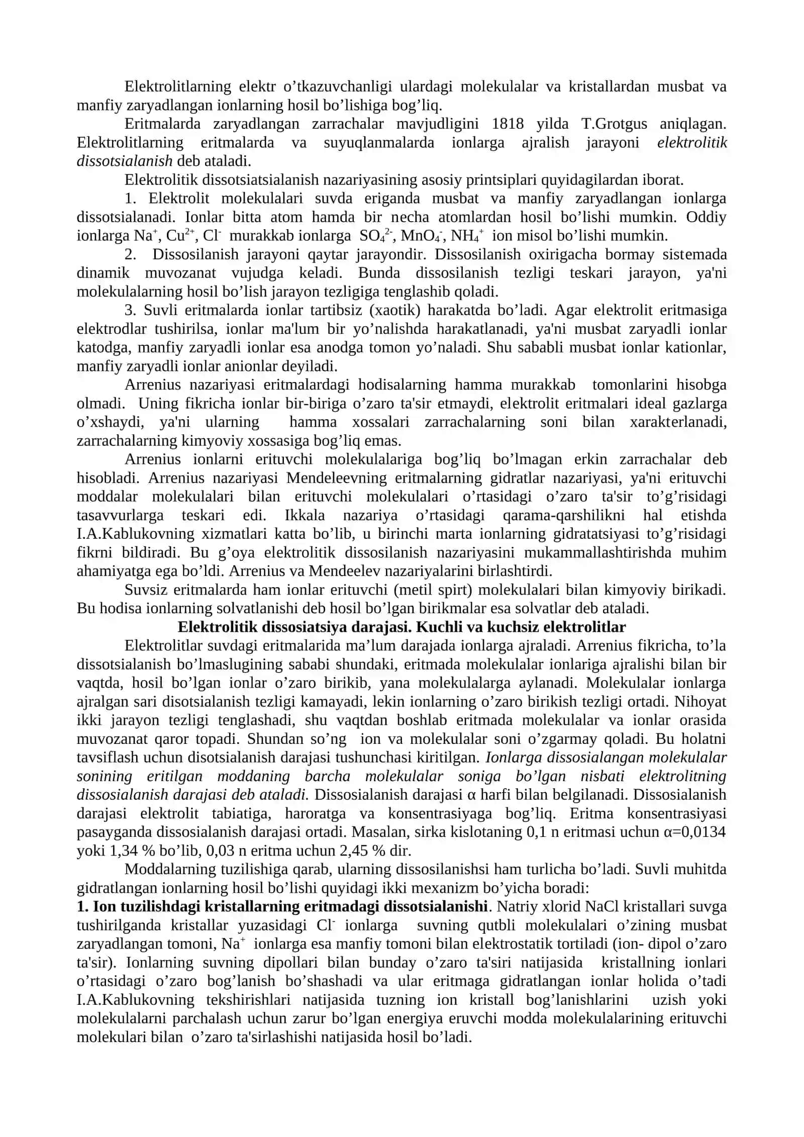 Elektrolit eritmalari. Elektrolitik dissotsilanish 2