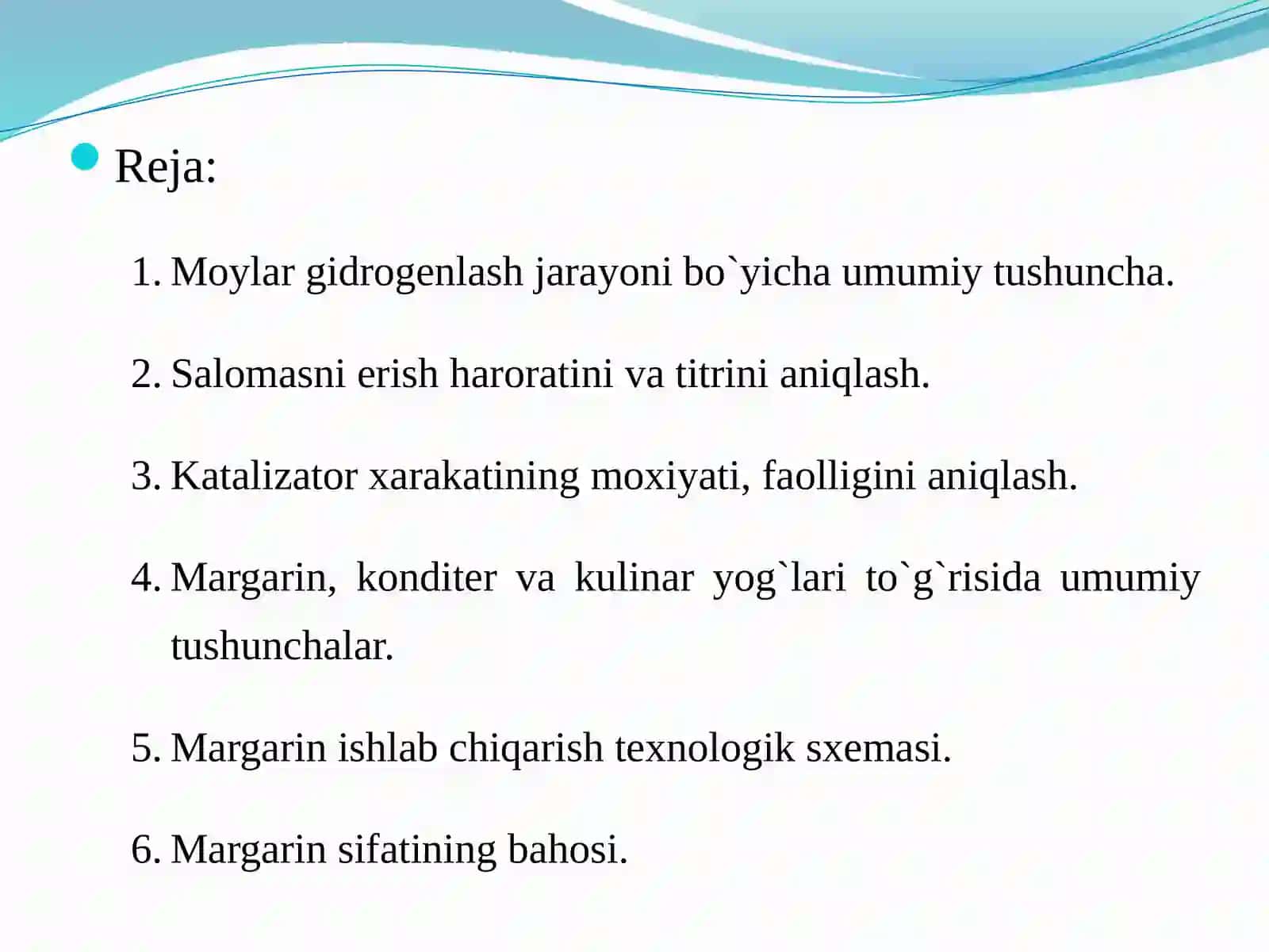 GIDROGENLASH JARAYONINI NAZORATQILISH. MARGARIN, KOHDITER VA KULINAR YOG`LARI HAMDA MAYONEZ ISHLAB CHIQARISH NAZORATI 2