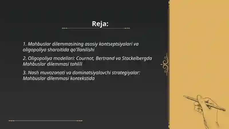 Mahbuslar dilemmasi va oligopoliya strategiyalarining tahlili 2